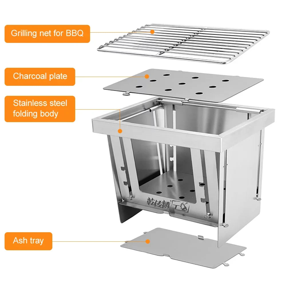 MABOTO Outdoor Stainless Steel Grill Portable Wood Burning Camping Folding BBQ Grill Windproof Camping Picnic Tool For Home Park Use