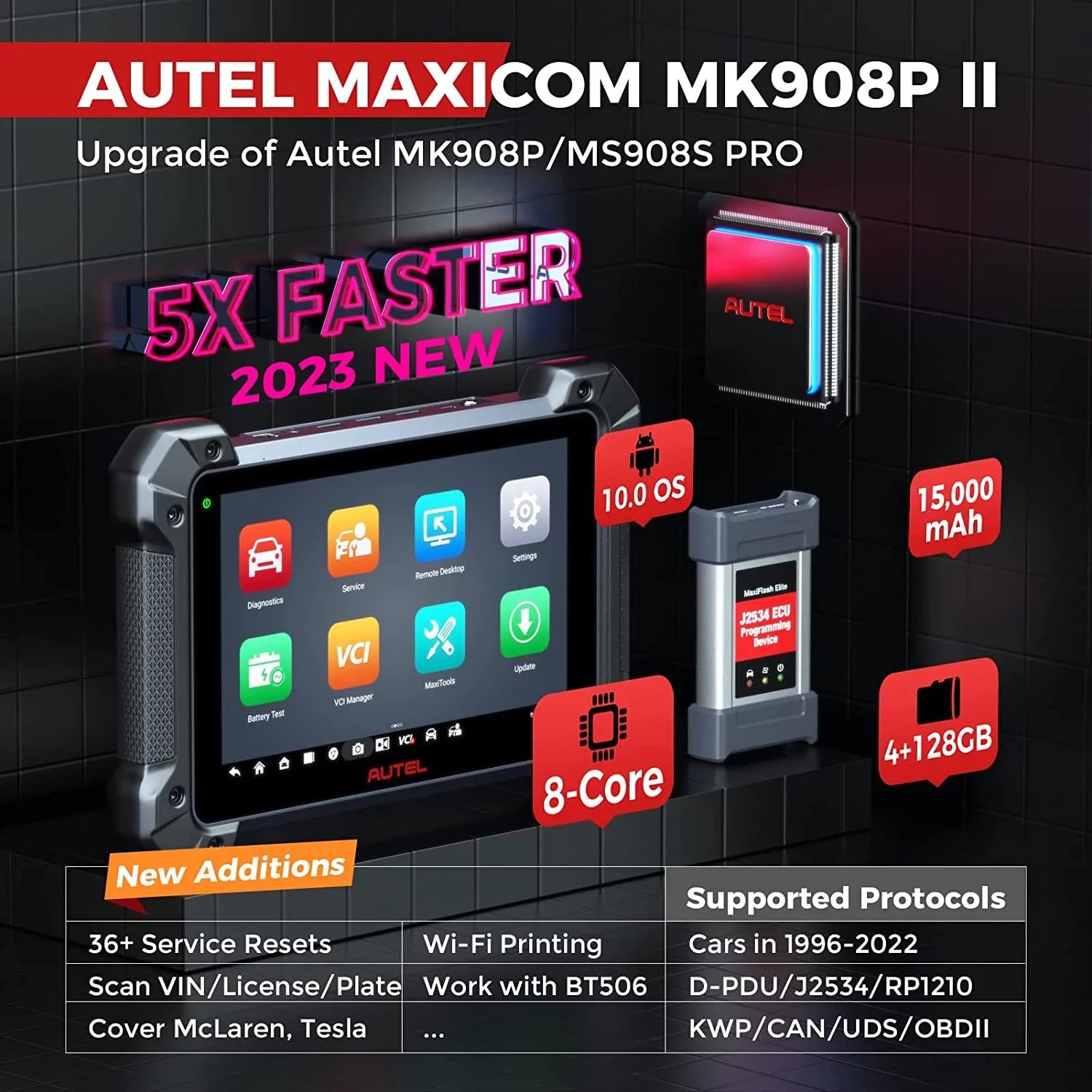 Autel MaxiCOM MK908 Pro II Car Diagnostic Scan Tool J2534 Programming ECU Coding Bi-directional, 38+ Services,J2534 Pass-Thru, AutoScan 2.0