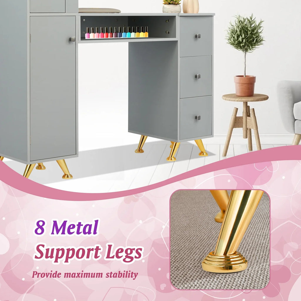 LUXMARS Manicure Table Nail Desk for Technician w/Wrist Rest & Plastic Table Mat, Acetone impervious Nail Table Station w/Large Capacity Storage Space, for Home Spa Beauty Salon - Grey