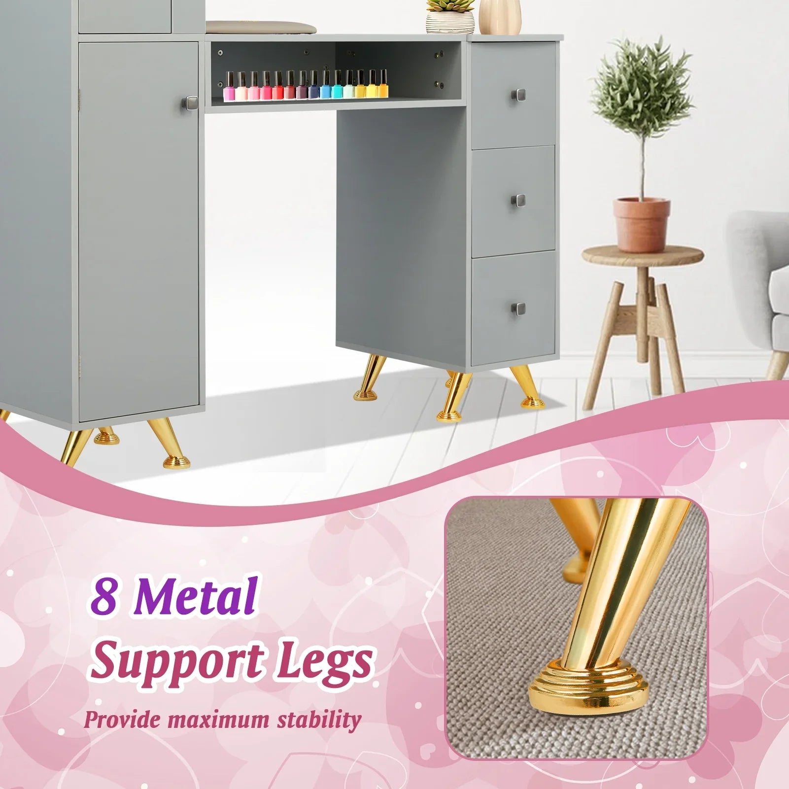 LUXMARS Manicure Table Nail Desk for Technician w/Wrist Rest & Plastic Table Mat, Acetone impervious Nail Table Station w/Large Capacity Storage Space, for Home Spa Beauty Salon - Grey