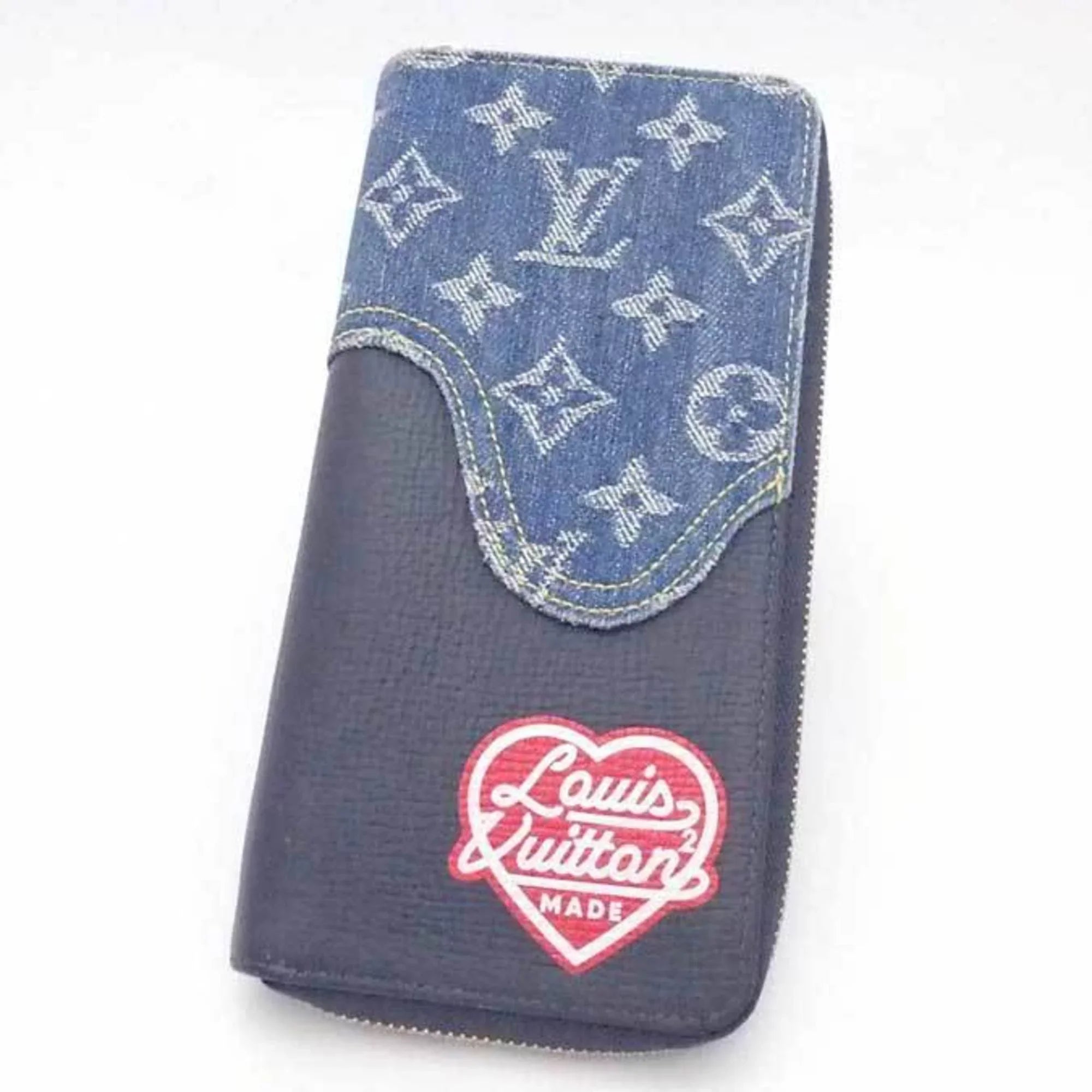 Pre-Owned Louis Vuitton LOUIS VUITTON Round Zipper Long Wallet Monogram Denim Zippy Vertical Leather/Monogram Navy x Blue Unisex M81107 (Good)