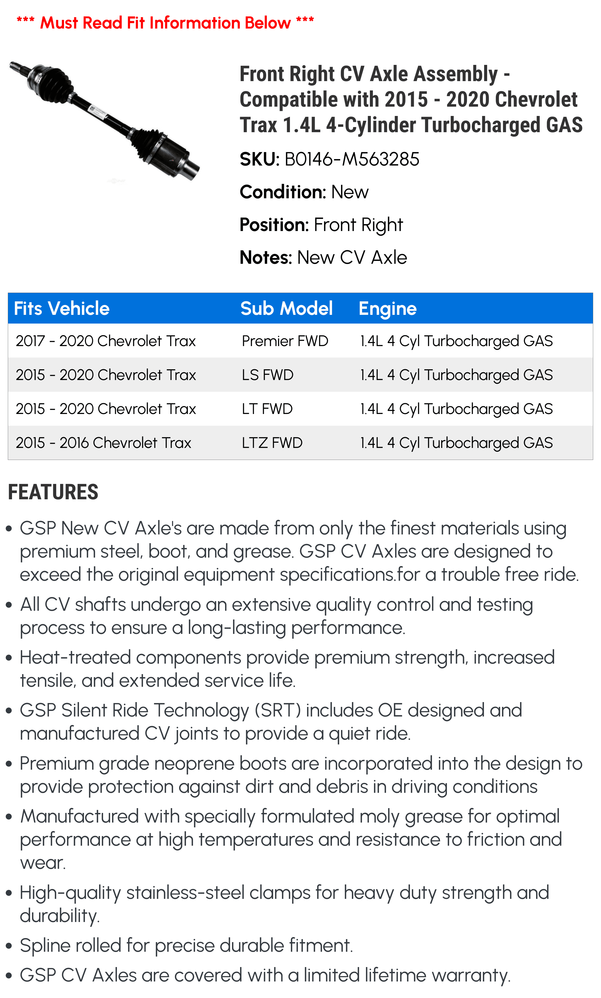 Front Right CV Axle Assembly - matching with 2015 - 2020 Chevy Trax 1.4L 4-Cylinder Turbocharged GAS 2016 2017 2018 2019