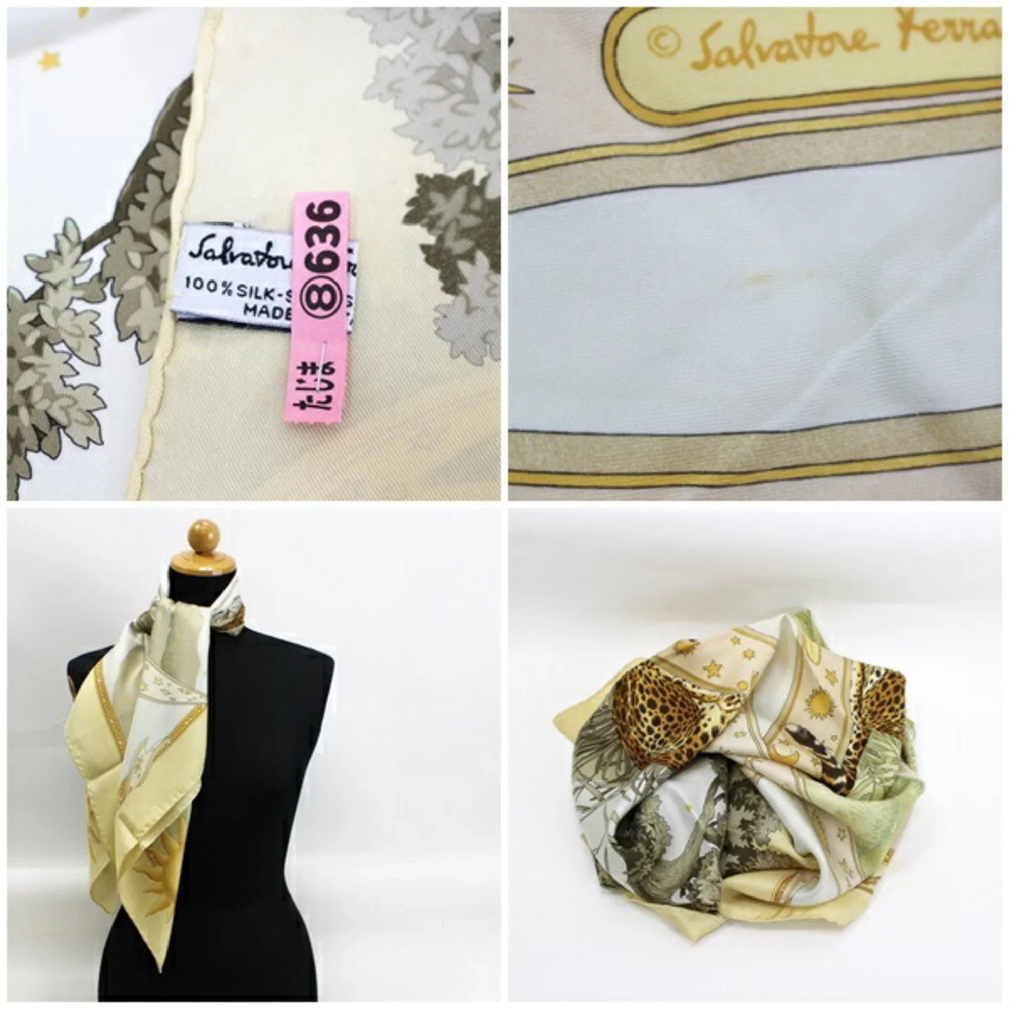 Pre-Owned Salvatore Ferragamo silk scarf muffler yellow leopard print SALVATORE FERRAGAMO ladies animal pattern paper (Good)