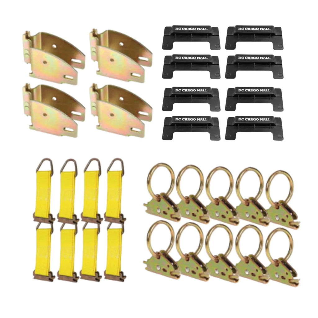 E-track NOT included.""". Ideal TieDown Accessories Bundle for Trucks, Warehouses, Docks, Trailers, Boats. """E-Track TieDown Kit: 4 Wood Beam Sockets, 10 O Rings, 8 End Caps, 8 Rope TieOffs