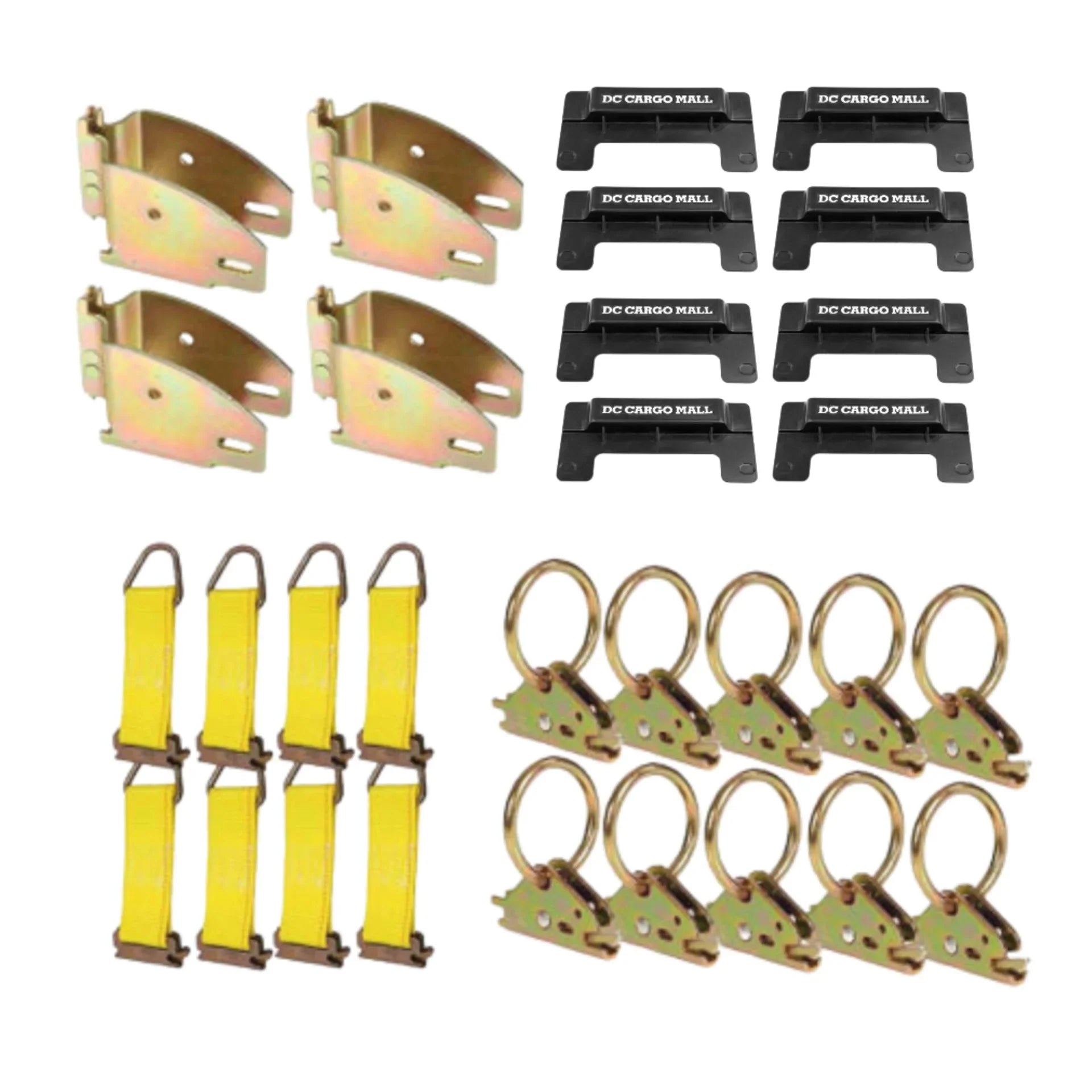 E-track NOT included.""". Ideal TieDown Accessories Bundle for Trucks, Warehouses, Docks, Trailers, Boats. """E-Track TieDown Kit: 4 Wood Beam Sockets, 10 O Rings, 8 End Caps, 8 Rope TieOffs