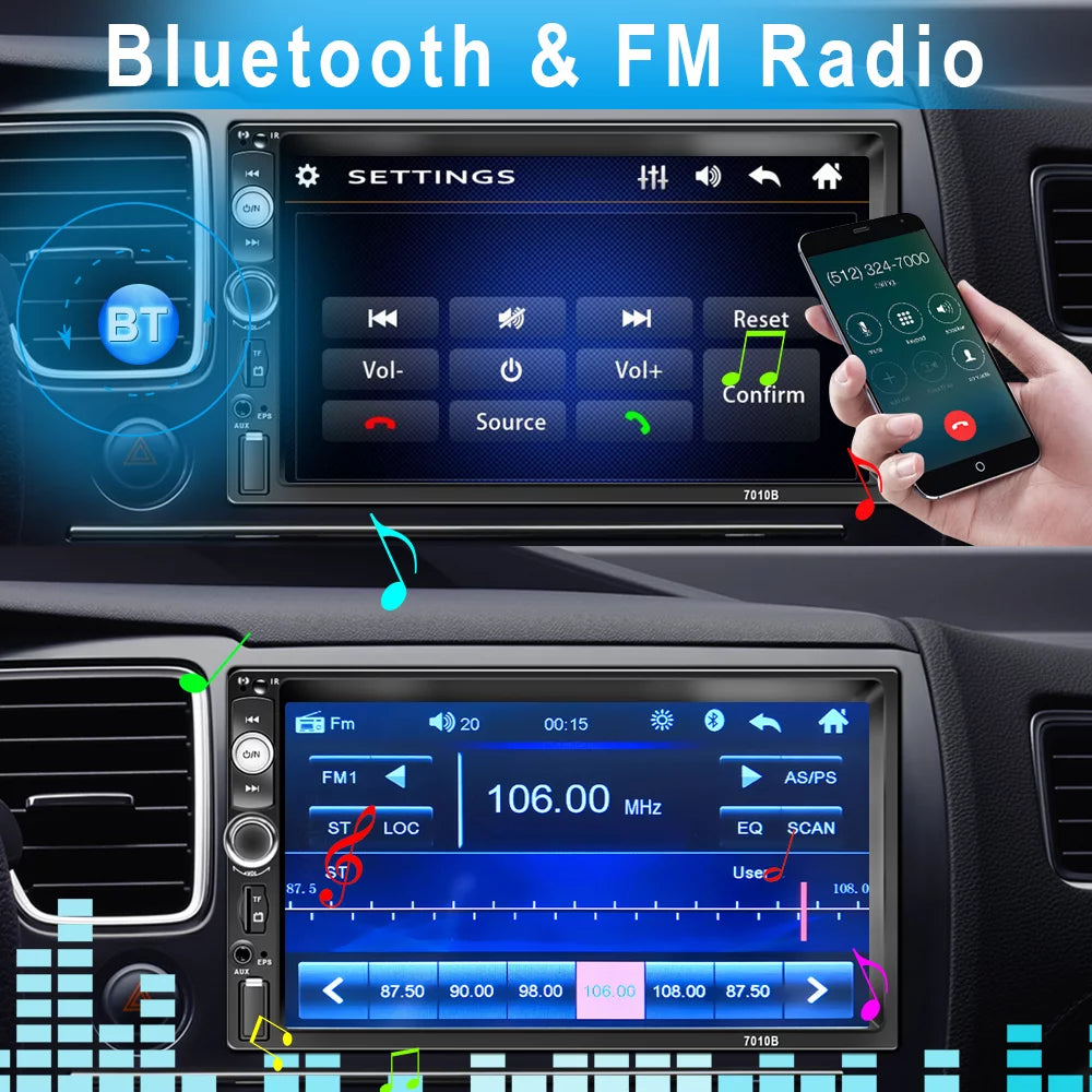 Podofo 7" Double 2 Din Car Stereo Radio HD Touch Screen Car Multimedia Player Digital Display MP5 Autoradio Bluetooth FM AUX USB SD Mirror Link Function, with Backup Camera