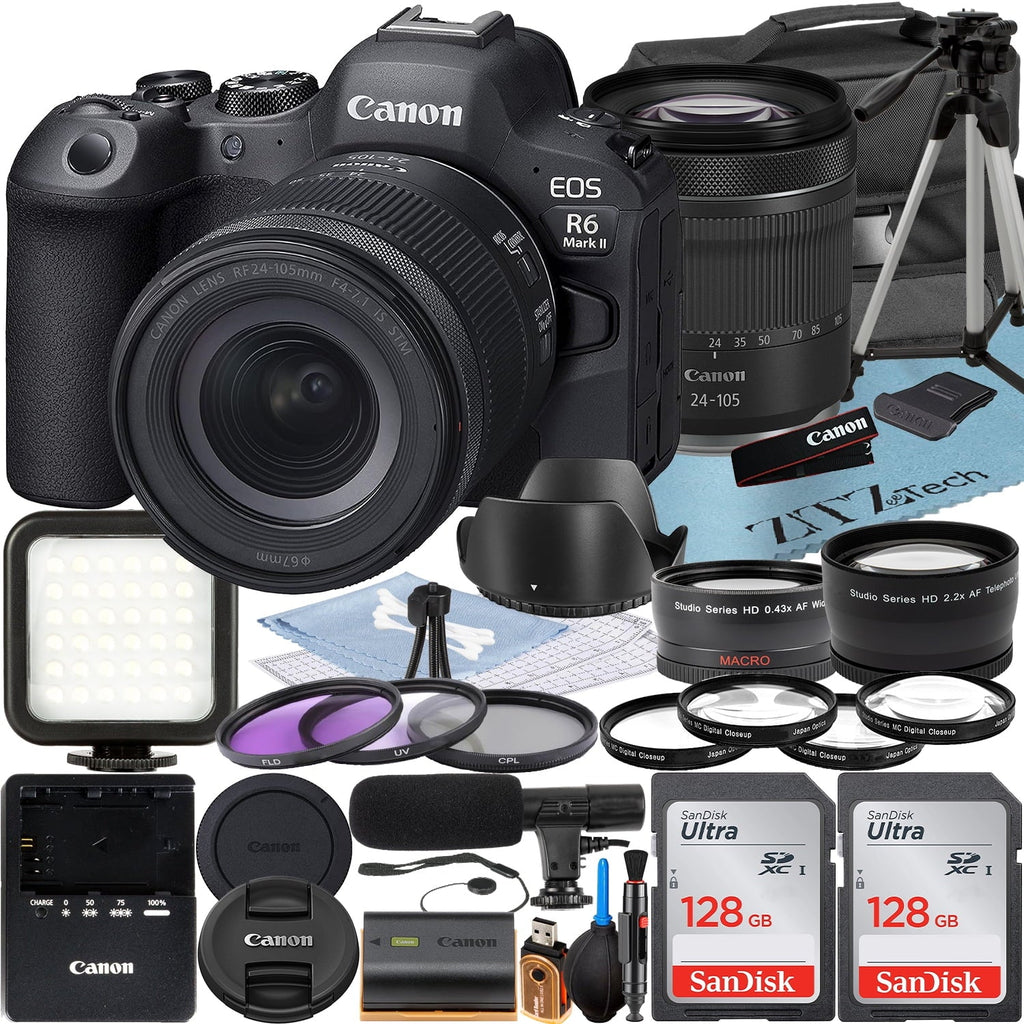 EOS R6 Mark II Mirrorless Camera with RF 24-105mm Lens + 2 Pack SanDisk 128GB Memory Card + LED Flash + Case + ZeeTech Accessory