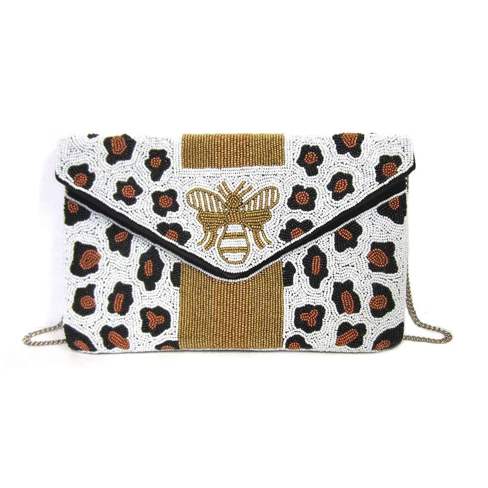 Bee B-Spark Leopard Print Beaded Clutch Crossbody, Multi