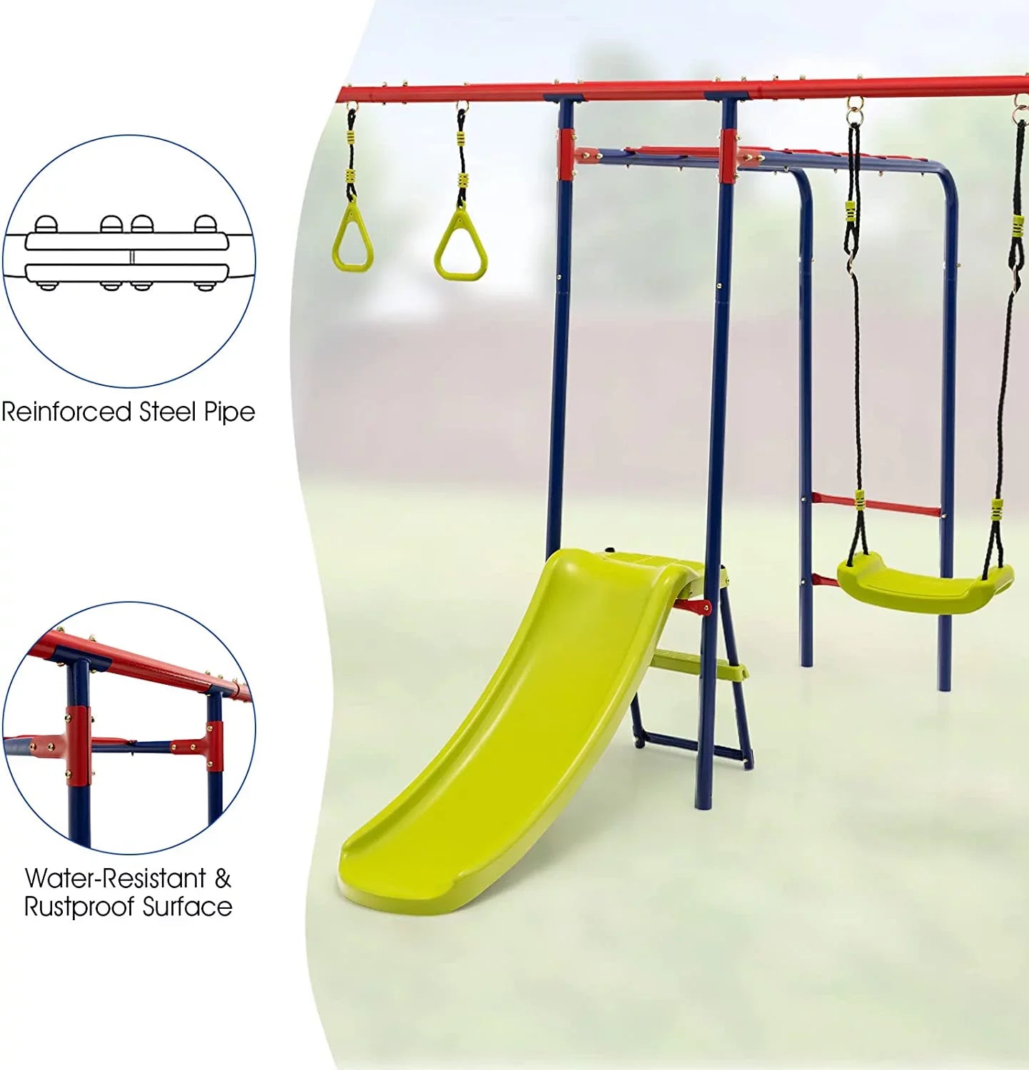 OLAKIDS Swing Sets for Backyard, 7 in 1 Outdoor A-Frame Heavy Duty Metal Swing Stand with Monkey Bar for Kids, 660LBS Playground Playset with Slide, 2 Swings, Glider, Trapeze Rings, Basketball Hoop
