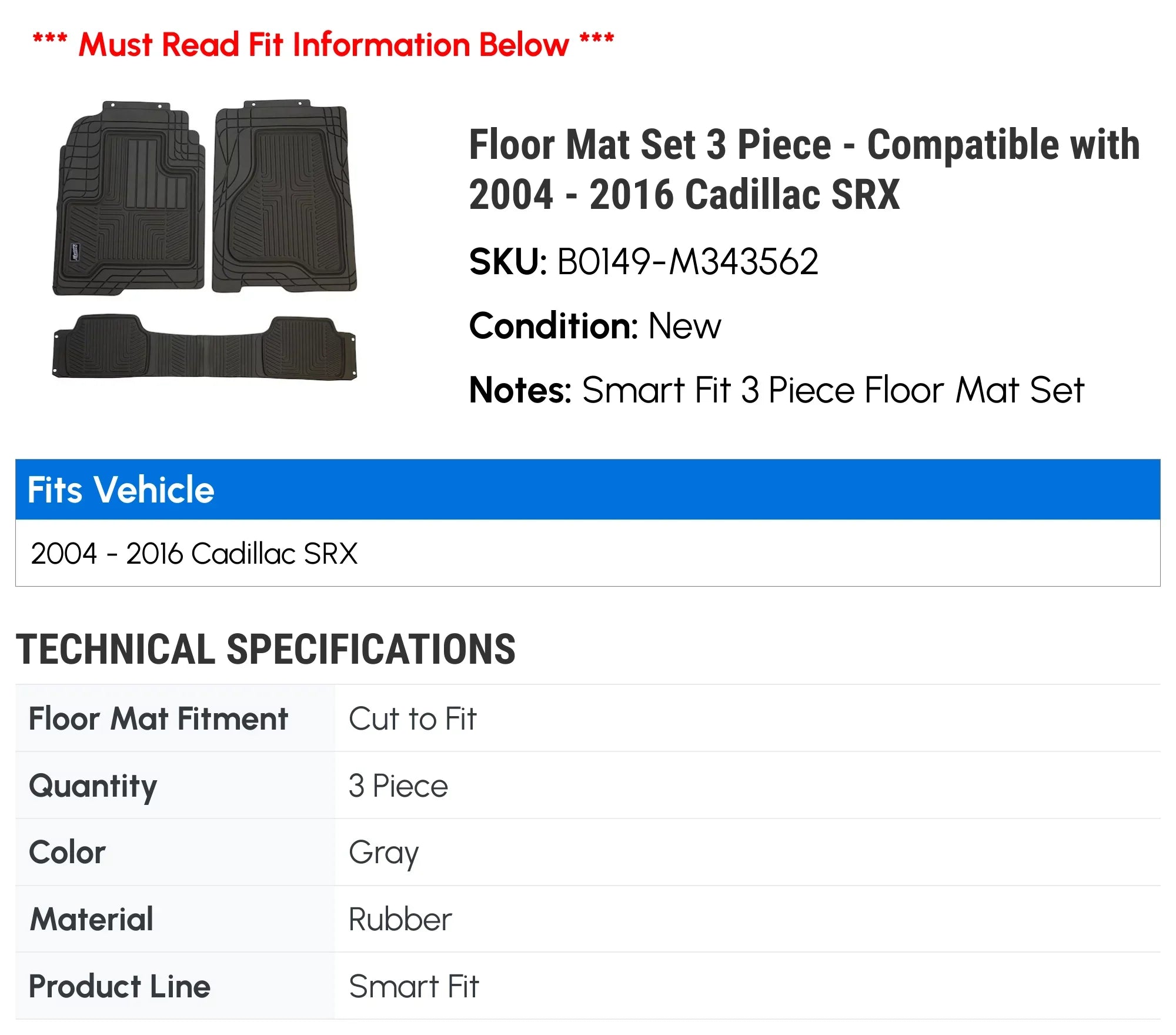Floor Mat Set 3 Piece - suitable with 2004 - 2016 Cadillac SRX 2005 2006 2007 2008 2009 2010 2011 2012 2013 2014 2015