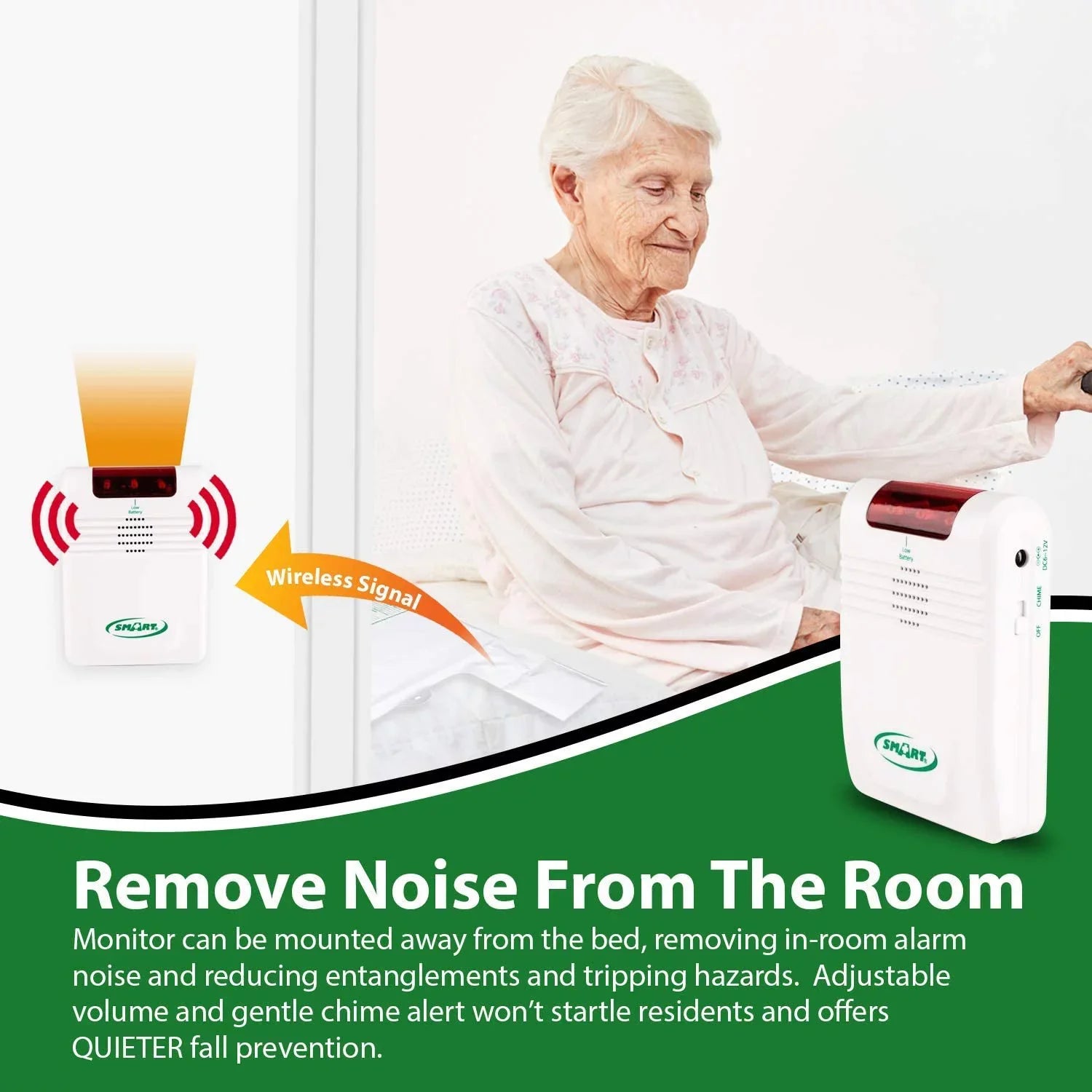 Smart Caregiver Wireless Bed Alarm System - Cordless Weight Sensing Bed Alarm Pad (10” x 30”) with Remote Alert Monitor and AC Adapter