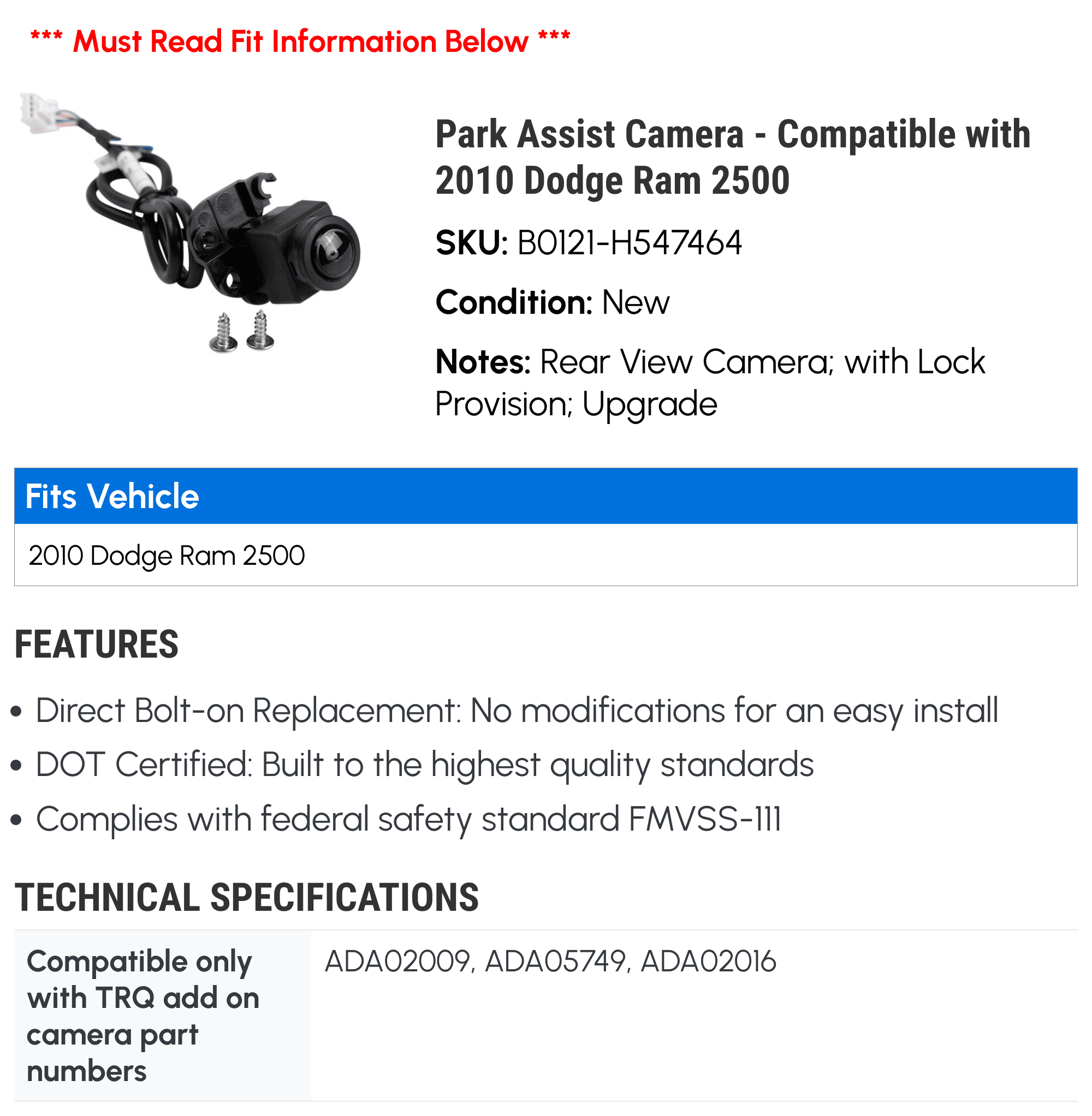 Park Assist Camera - matching with 2010 Dodge Ram 2500