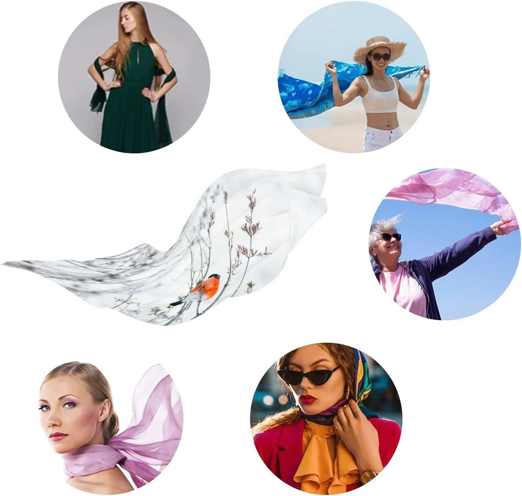 Hyjoy Women Silk Scarf Bullfinch Birds Branches Winter Snow Christmas New Year Hair Wraps Shawls Neck Scarves Colorful Print
