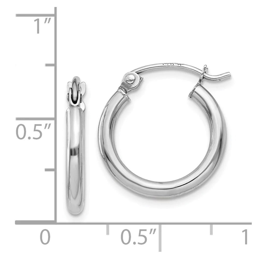 Real 14kt White Gold Polished 2mm Lightweight Tube Hoop Earrings; for Adults and Teens; for Women and Men