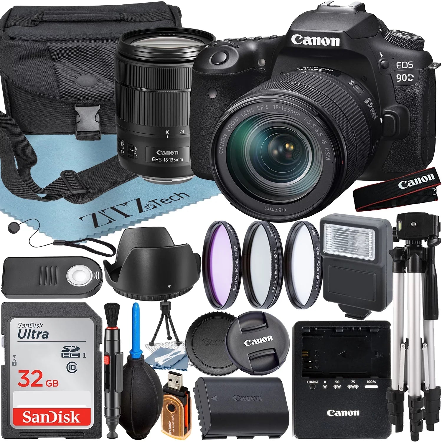 EOS 90D DSLR Camera with 18-135mm IS USM Lens + SanDisk 32GB Card + Case + 3 Pieces Filter + Flash + ZeeTech Accessory Bundle