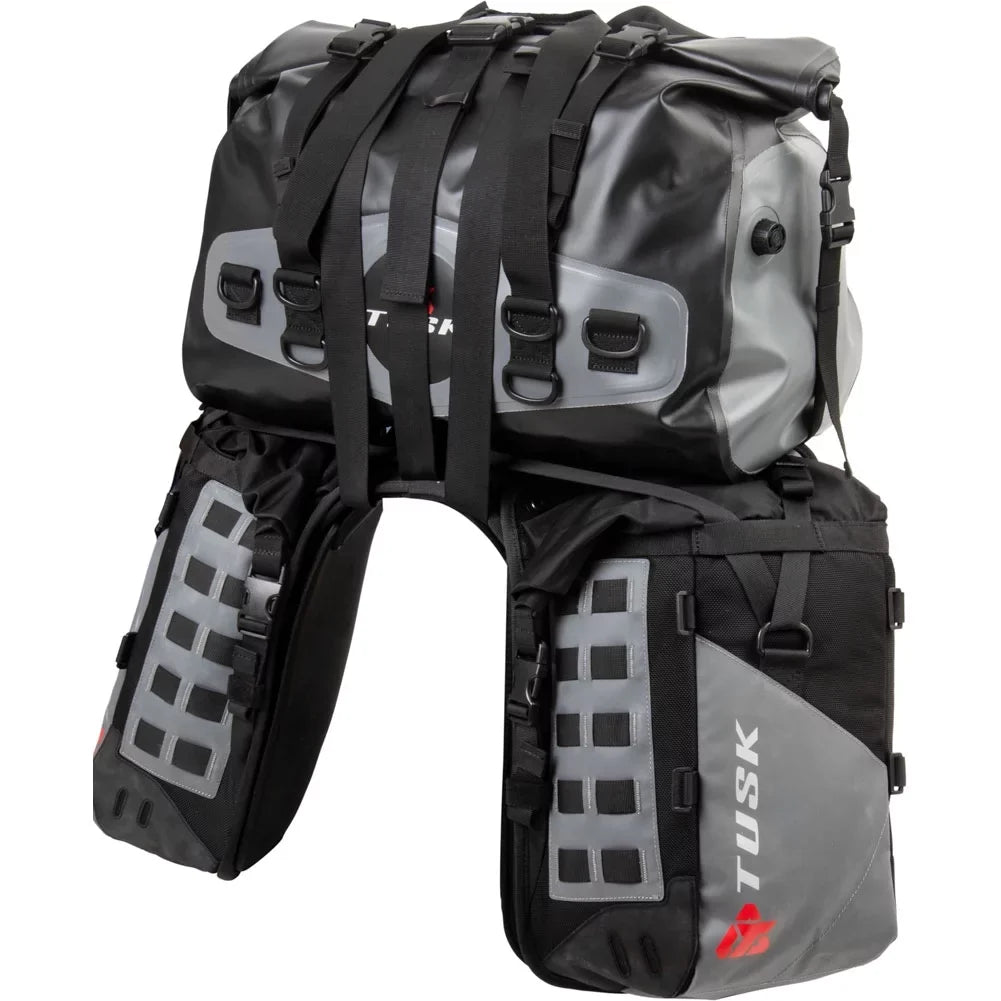 Tusk Highland X2 Rackless Luggage System w/Medium Dry Duffel Tail Bag Standard Heat Shield For Suzuki V-Strom 1050XT Adventure 2020