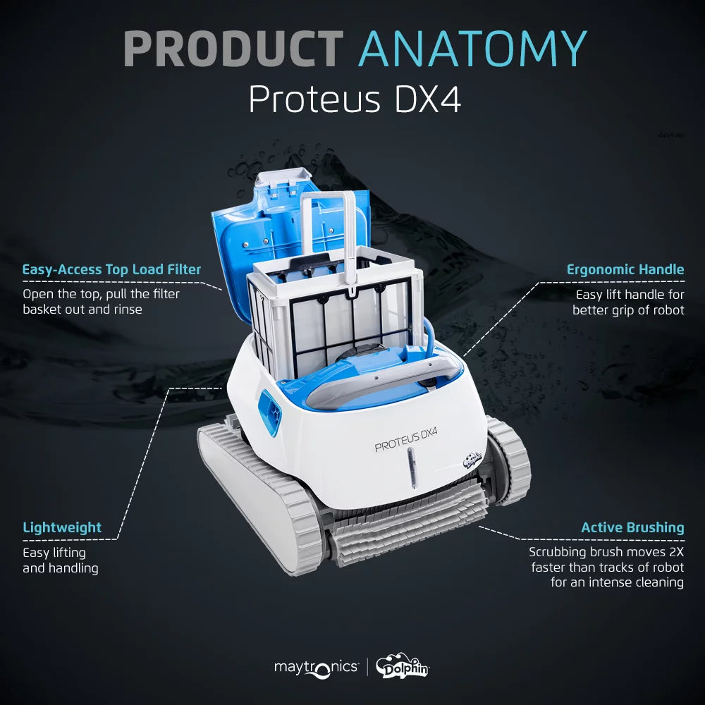 Dolphin Proteus DX4 Robotic Pool Vacuum Cleaner — Wall Climbing Capability — Powerful Waterline Scrubbing — Ideal for All Pool Types up to 50 FT in Length
