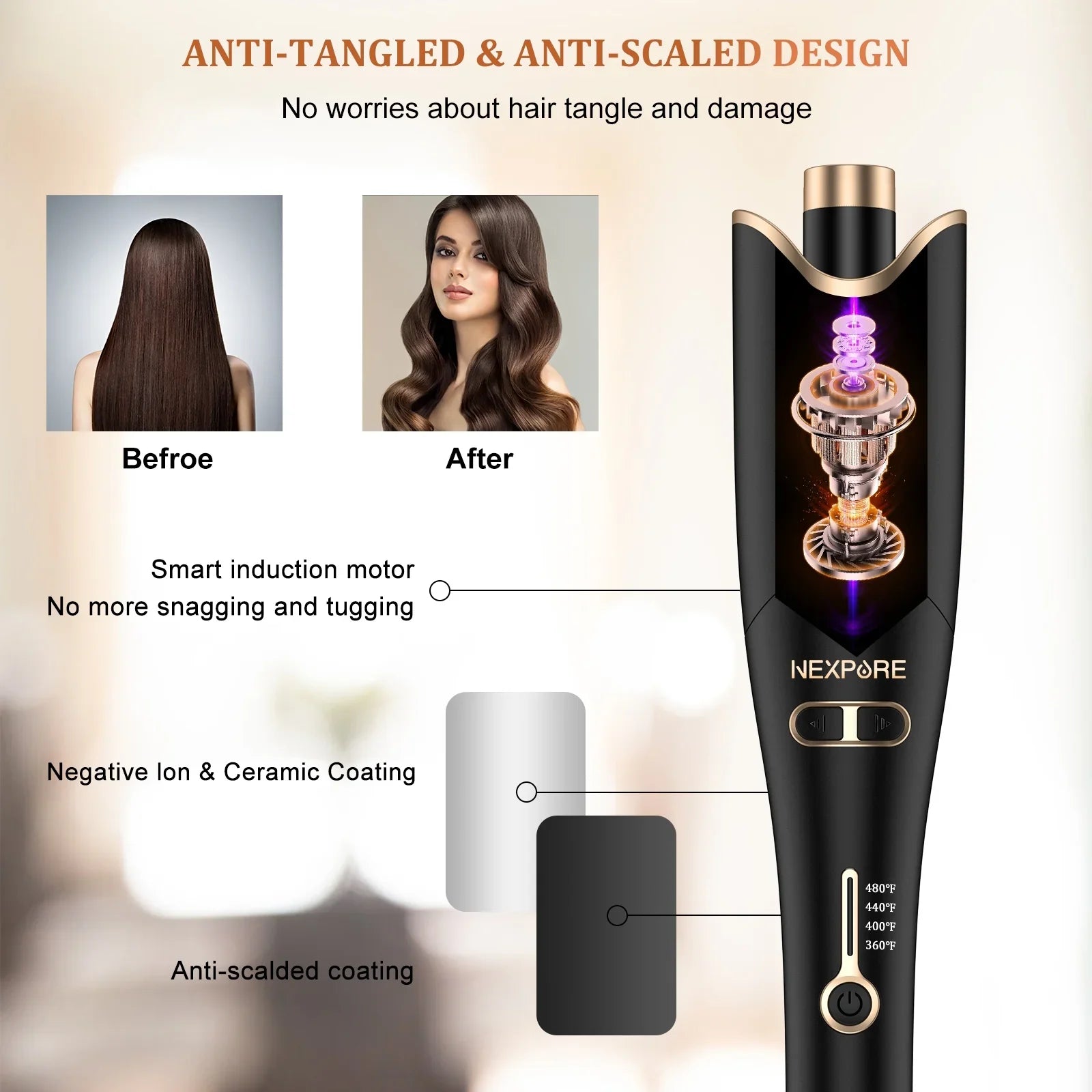NEXPURE Curling Irons,Curling Iron Professional with 1" Large Rotating Barrel & 4 Temps,Salon Curl Hair,Gold