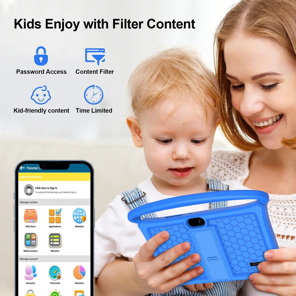 BAKEN 7 inch Kids Tablet, 2GB RAM 32GB ROM, Android 11 Tablet, WiFi6, Bluetooth, Parental Control Pre-Installed Learning Tablet Apps for Toddlers Children Kid-Proof Protective Case, Google Play(Blue)
