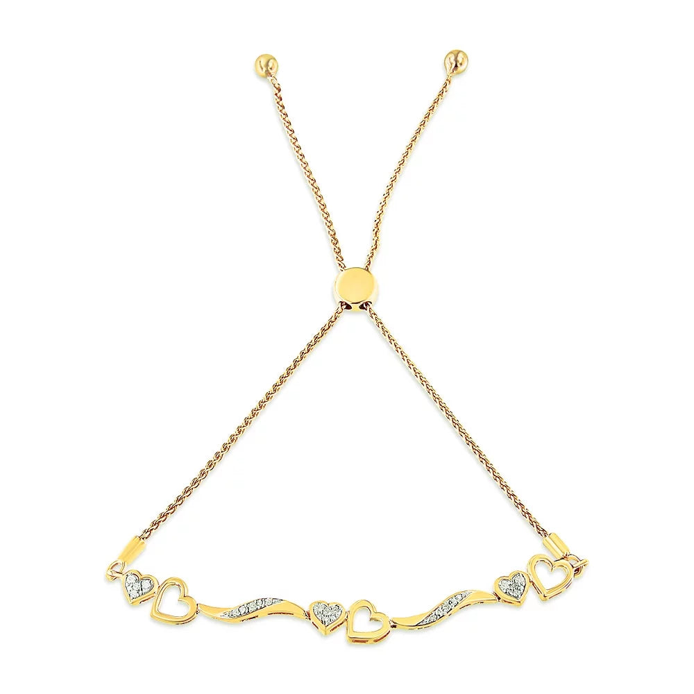 14K Yellow Gold Plated .925 Sterling Silver 1/10 Cttw Diamond Wave and Hearts 4"-10" Adjustable Bolo Bracelet (I-J Color, I3 Clarity)