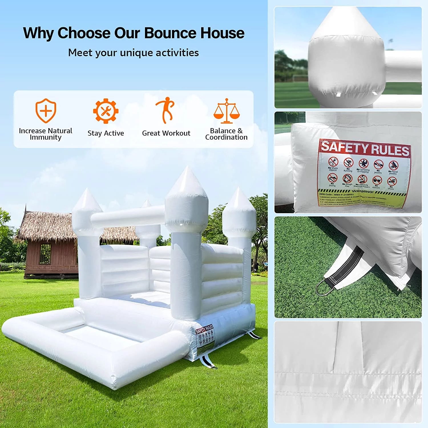 Connsann White Bounce House  Commericial Grade PVC  Jump Castle with Blower & Ball Pit  for Kids Outdoor Indoor Party