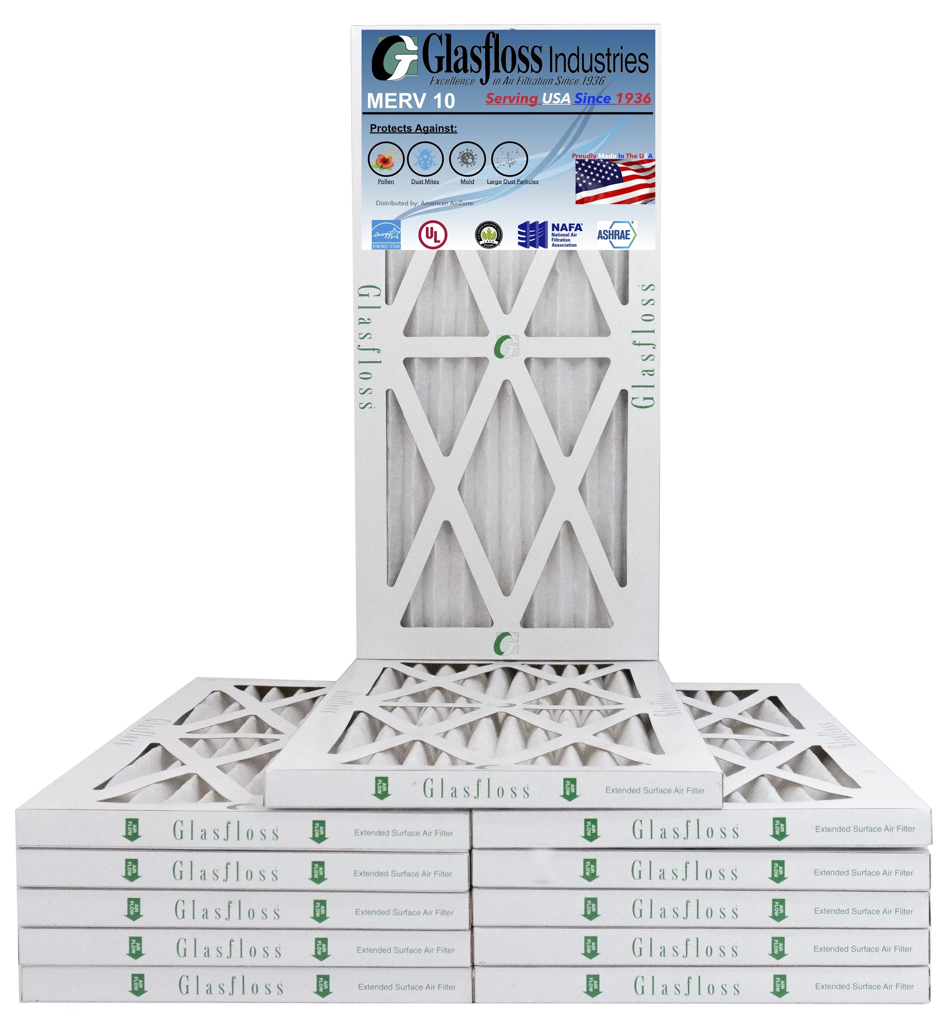 Glasfloss 13x20x1 - MERV 10 -Qty:12 - Furnace Air Filter - Made in USA (Actual Size: 12.5 x 19.5x7/8 inch)