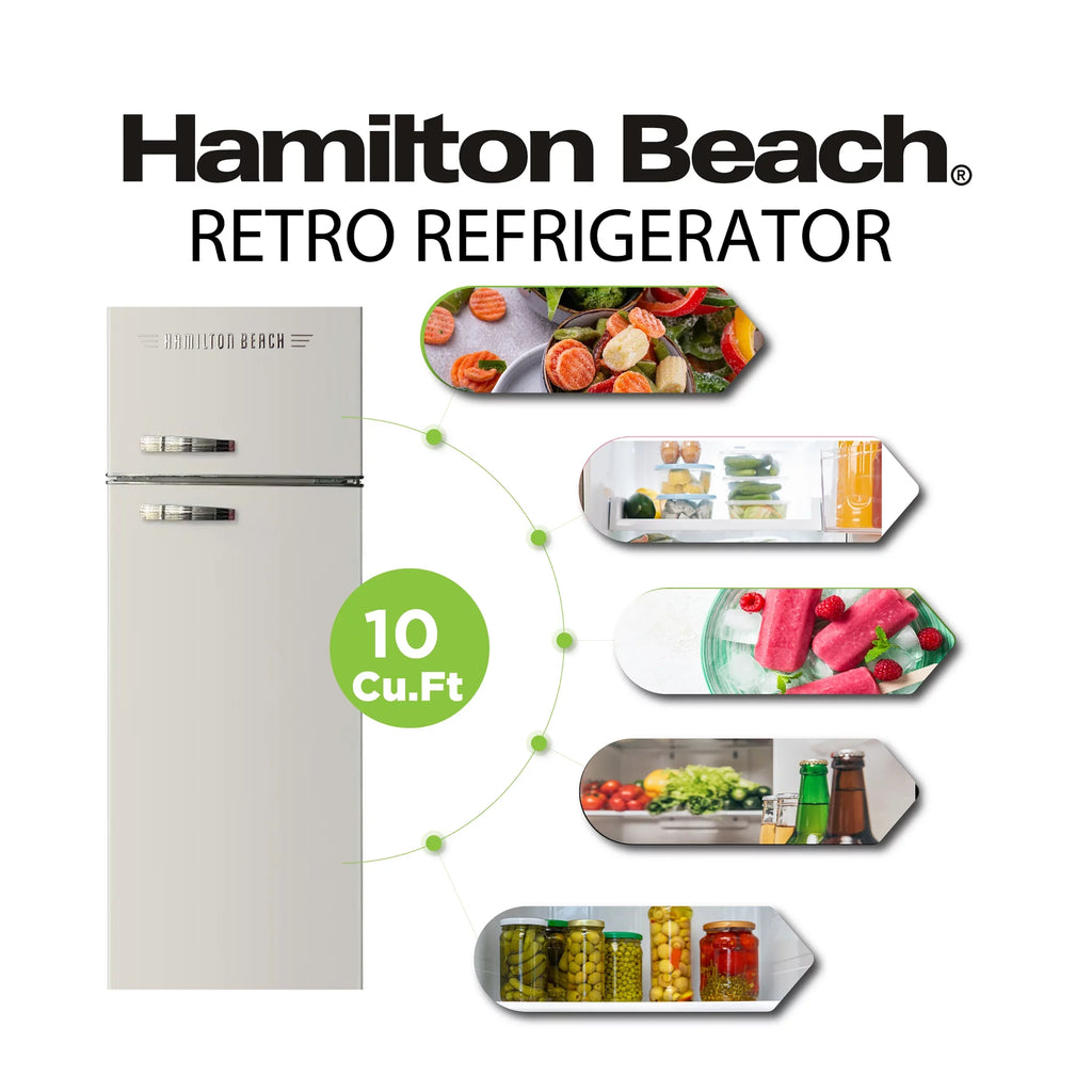Hamilton Beach 10 Cu Ft Retro 2 Door Refrigerator, 5 Door Shelves, HCFC Free, Cream, HBF1050, Adjustable Thermostat Control