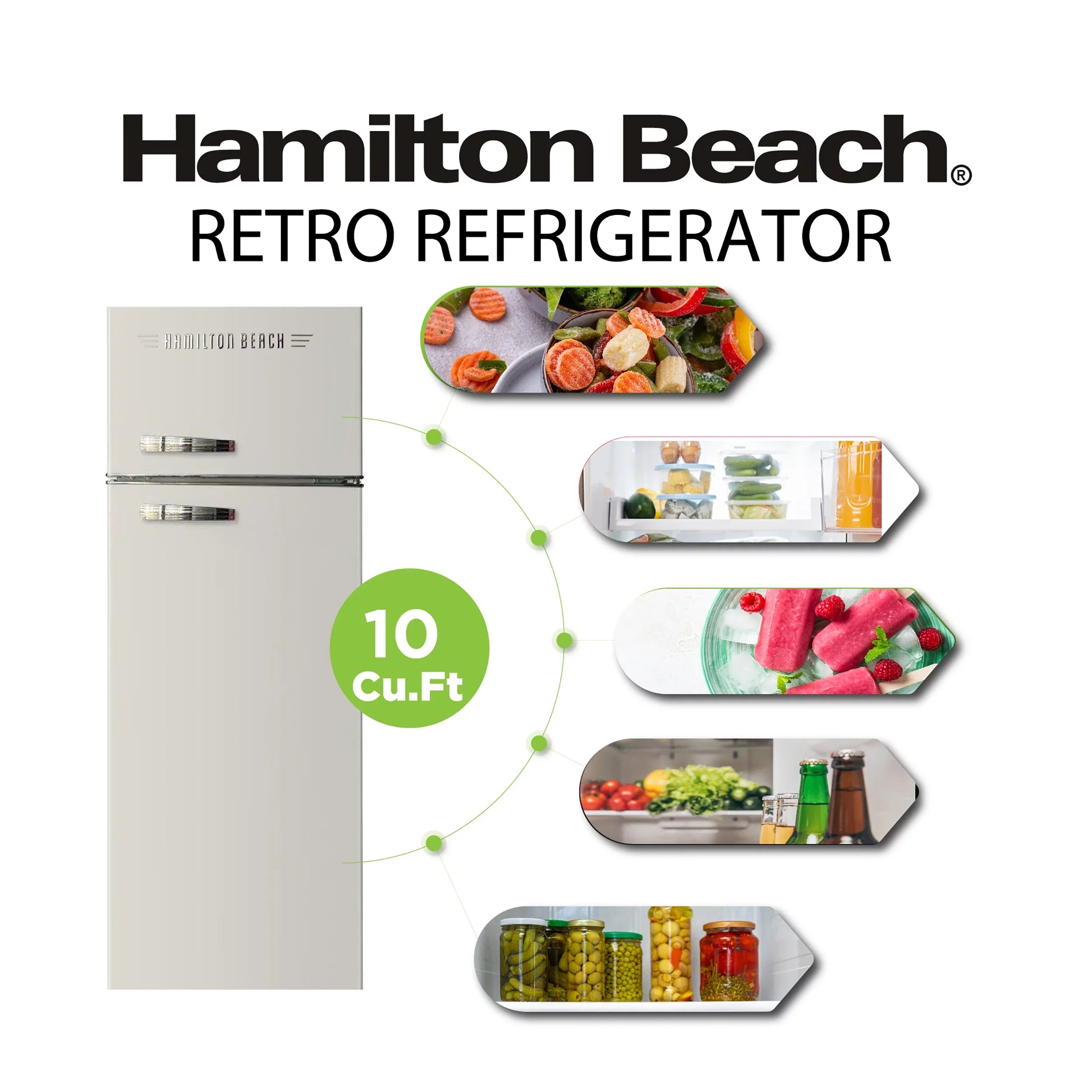 Hamilton Beach 10 Cu Ft Retro 2 Door Refrigerator, 5 Door Shelves, HCFC Free, Cream, HBF1050, Adjustable Thermostat Control