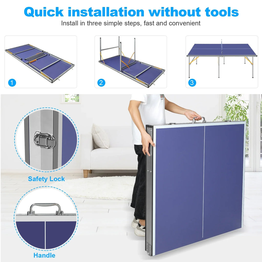 Midsize Ping Pong Table Set, 6ft Foldable Table Tennis Table with Net, 2 Paddles and Balls, 100% Pre-Assembled Folding Ping Pong Table Game Set for Indoor Outdoor