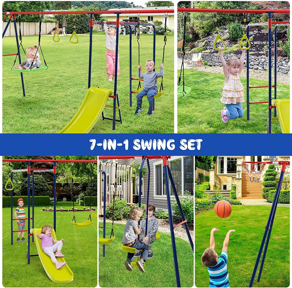 OLAKIDS Swing Sets for Backyard, 7 in 1 Outdoor A-Frame Heavy Duty Metal Swing Stand with Monkey Bar for Kids, 660LBS Playground Playset with Slide, 2 Swings, Glider, Trapeze Rings, Basketball Hoop