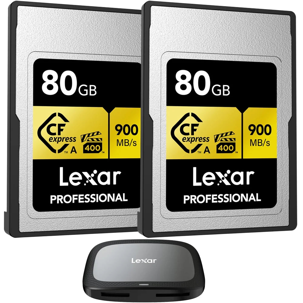 Lexar CFexpress Type A Pro Gold R900/W800 Memory Card, 80GB (2-Pack) Bundle with Lexar Professional CFexpress Type A/SD USB 3.2 Gen 2x2 Reader