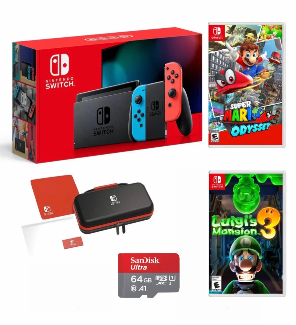 Nintendo Switch Console with Neon Blue & Neon Red Joy-Con - Bundle with Super Mario Odyssey + Luigi's Mansion 3 + Switch Carrying Case + 64GB MicroSD Card