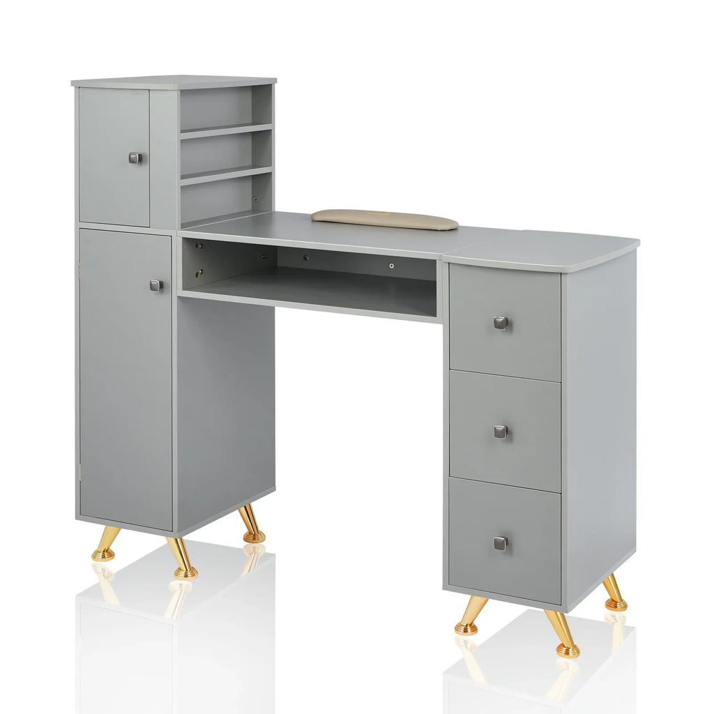 LUXMARS Manicure Table Nail Desk for Technician w/Wrist Rest & Plastic Table Mat, Acetone impervious Nail Table Station w/Large Capacity Storage Space, for Home Spa Beauty Salon - Grey