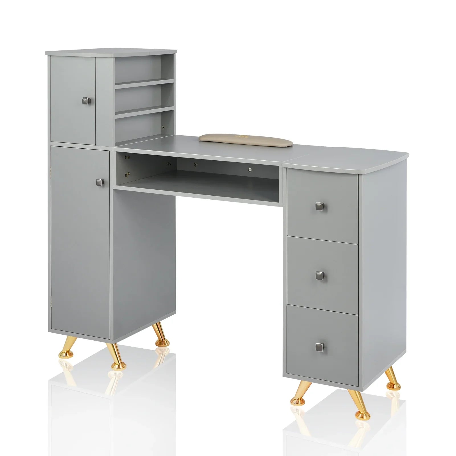 LUXMARS Manicure Table Nail Desk for Technician w/Wrist Rest & Plastic Table Mat, Acetone impervious Nail Table Station w/Large Capacity Storage Space, for Home Spa Beauty Salon - Grey