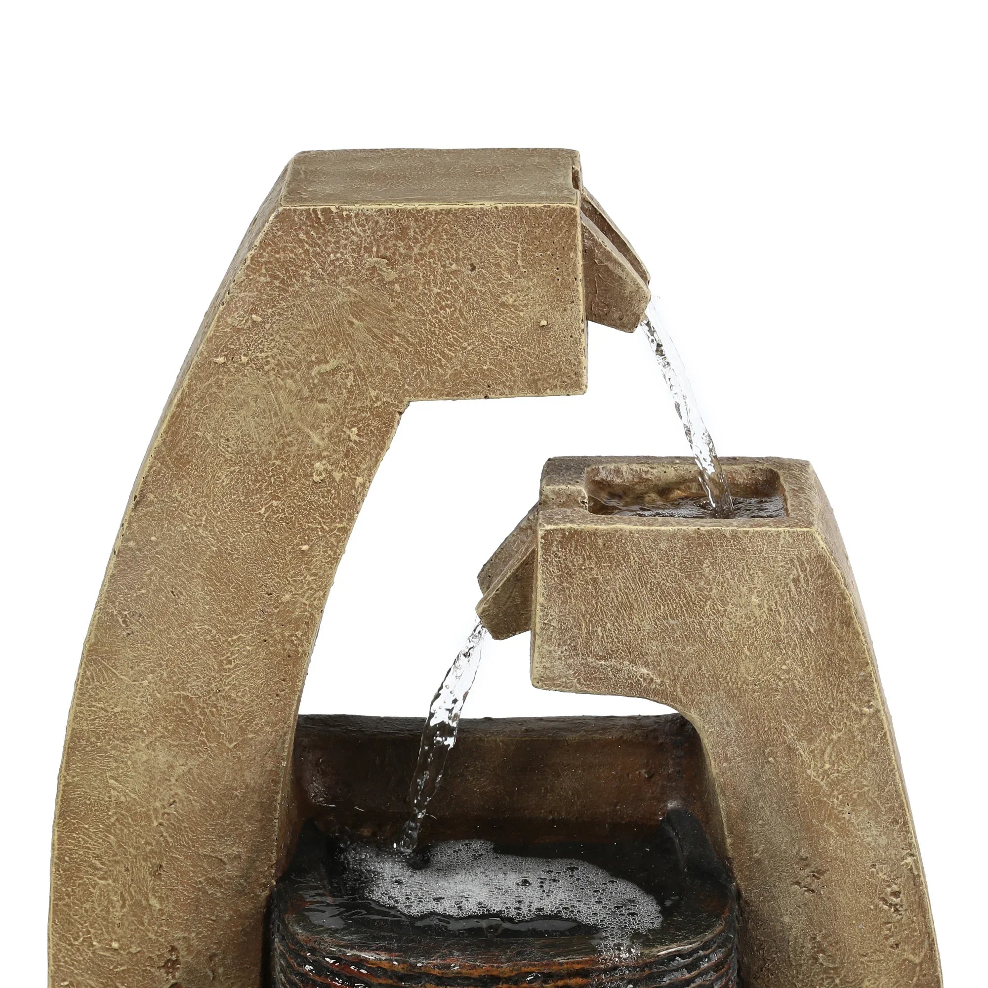 LuxenHome Brown Cement Modern Sculpture Outdoor Fountain with LED Light