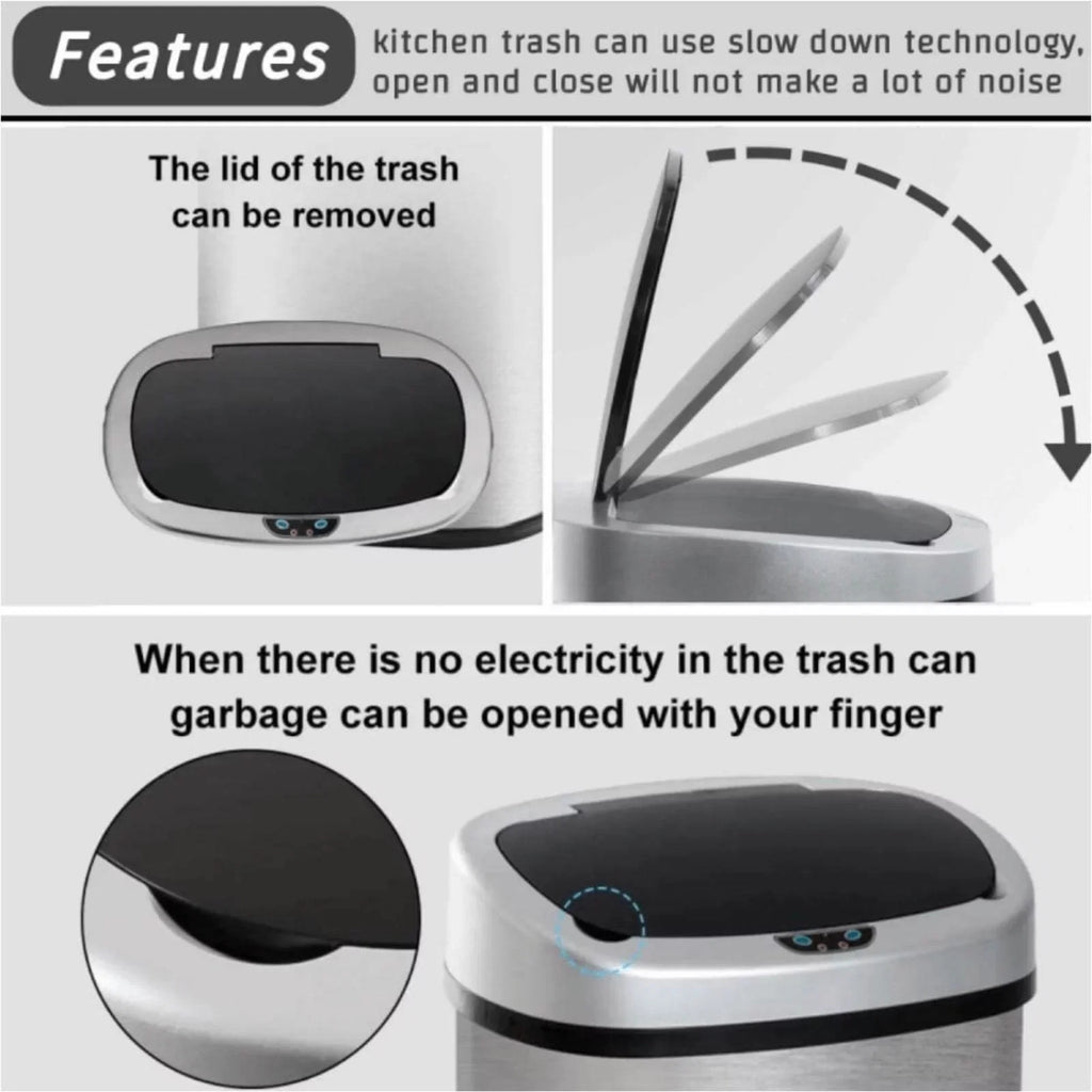 NiamVelo Kitchen Trash Can with Lid, 13 Gallon Automatic Stainless Steel Garbage Can with Touch-Free & Motion Sensor, Anti-Fingerprint Mute Designed Waste Bin for Office Home, Silver