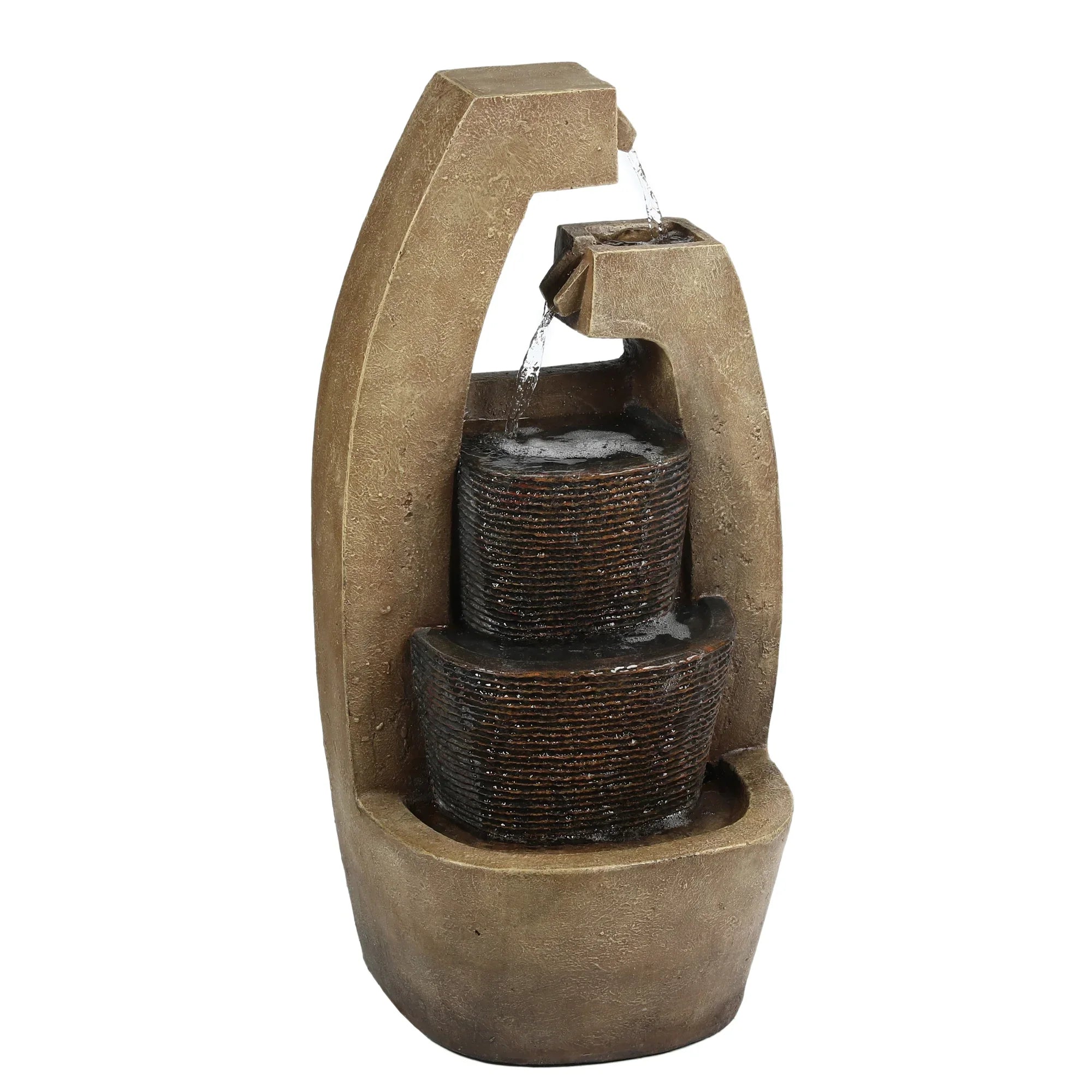 LuxenHome Brown Cement Modern Sculpture Outdoor Fountain with LED Light