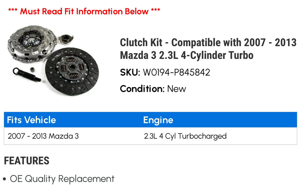 Clutch Kit - appropriate with 2007 - 2013 Mazda 3 2.3L 4-Cylinder Turbo 2008 2009 2010 2011 2012