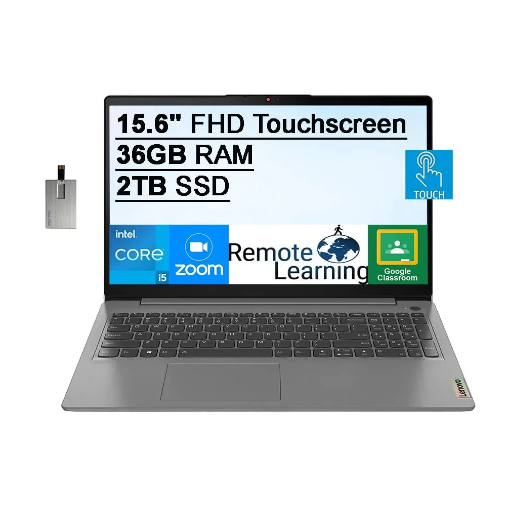 2021 Ideapad 3 15.6" FHD Touchscreen Laptop Computer,  Core i5-1135G7, 36GB RAM, 2TB PCIe SSD, Backlit Keyboard, Iris Xe Graphics, HD Webcam, Dolby Audio, Win 11S, Grey, 32GB USB Card