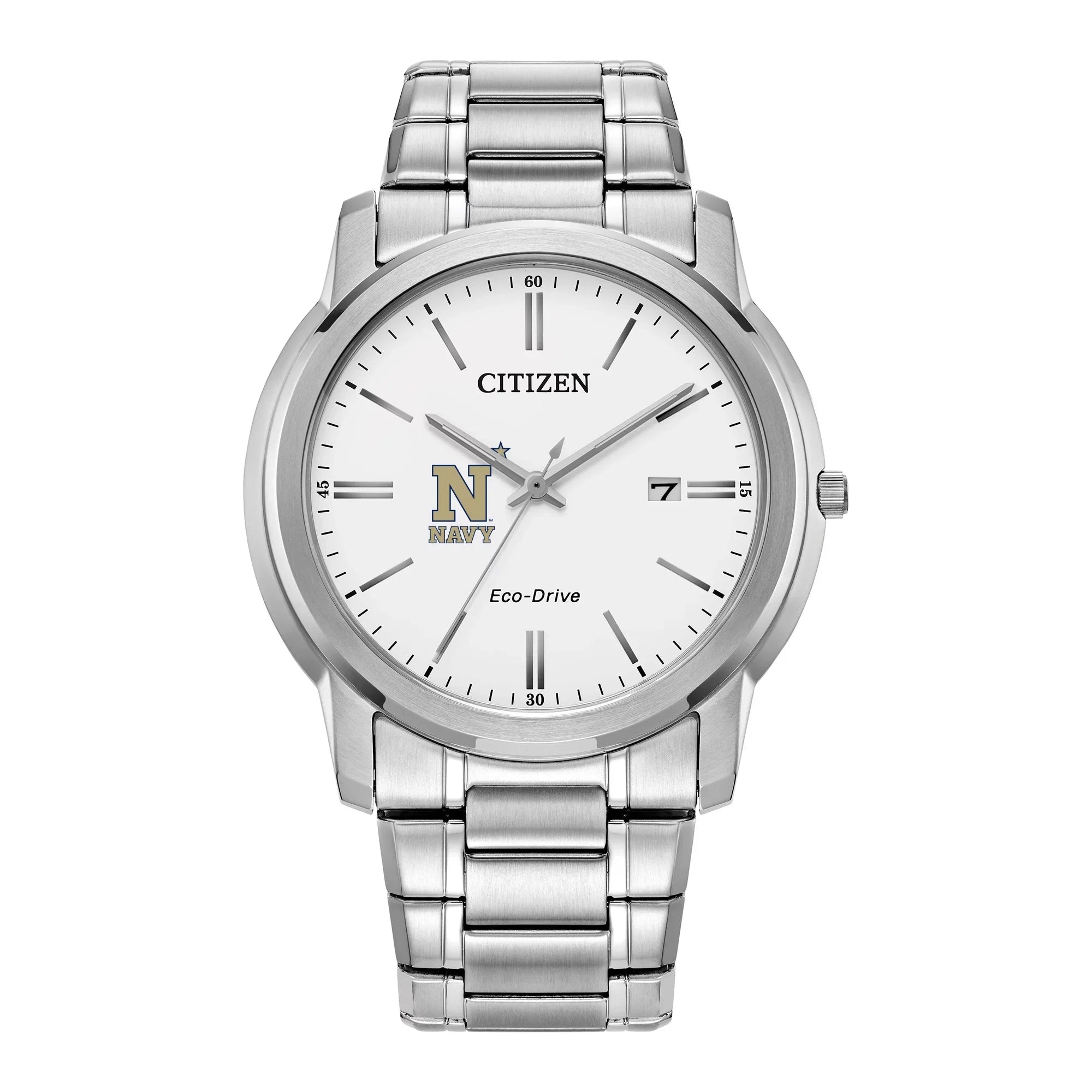 Men's Citizen Watch Silver Navy Midshipmen Eco-Drive White Dial Stainless Steel Watch