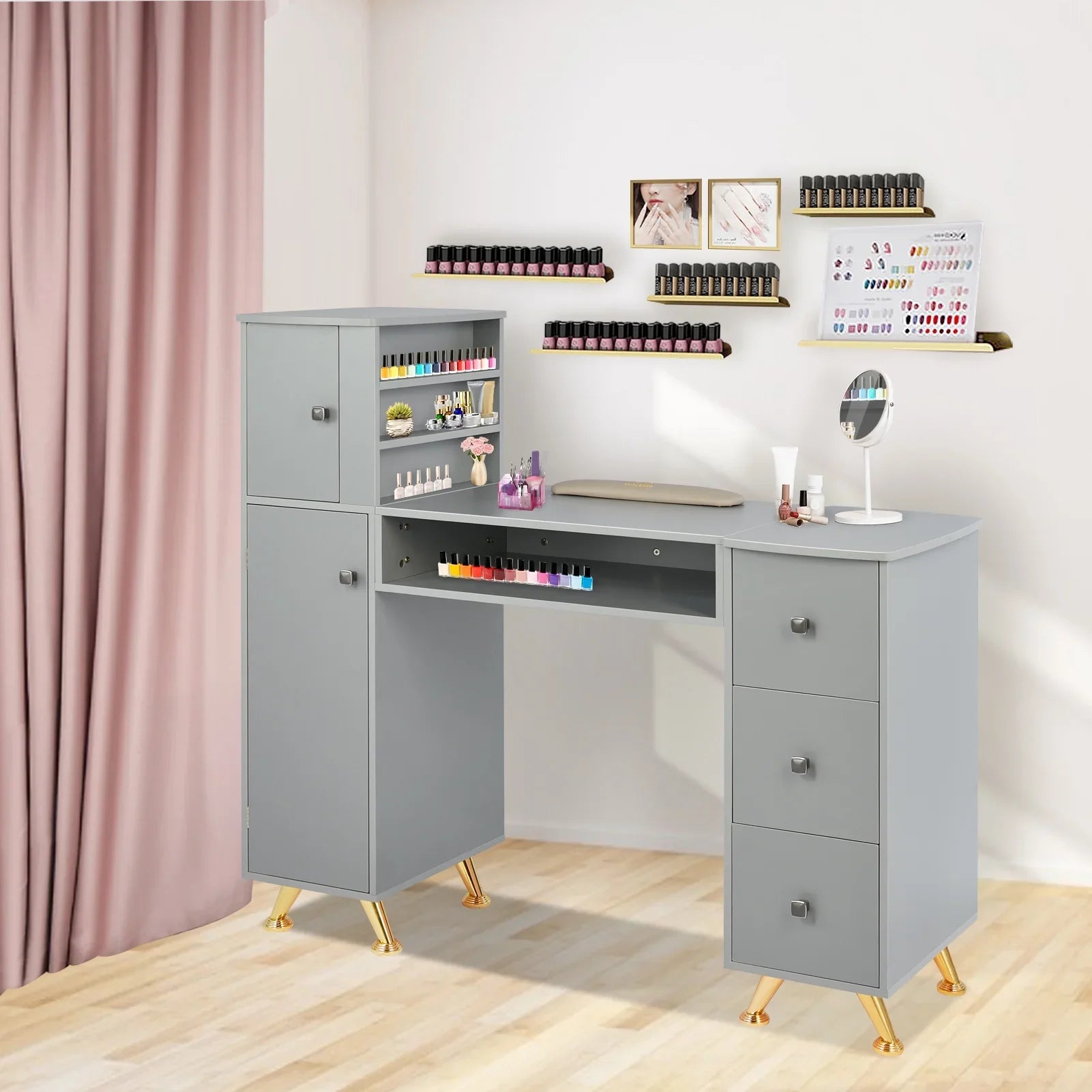 LUXMARS Manicure Table Nail Desk for Technician w/Wrist Rest & Plastic Table Mat, Acetone impervious Nail Table Station w/Large Capacity Storage Space, for Home Spa Beauty Salon - Grey