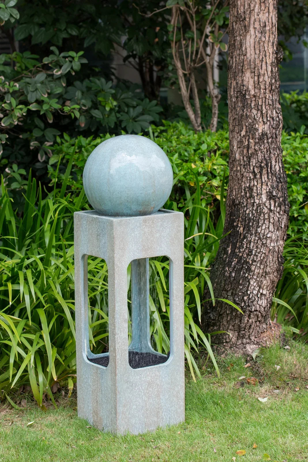 CoSoTower 13X13X44" Tall Contemporary Sphere Outdoor moisture Fountain, Cement/Concrete Outdoor Fountain, Antique Blue Raindrop moisture Feature with Light for Garden, Lawn, Deck & Patio