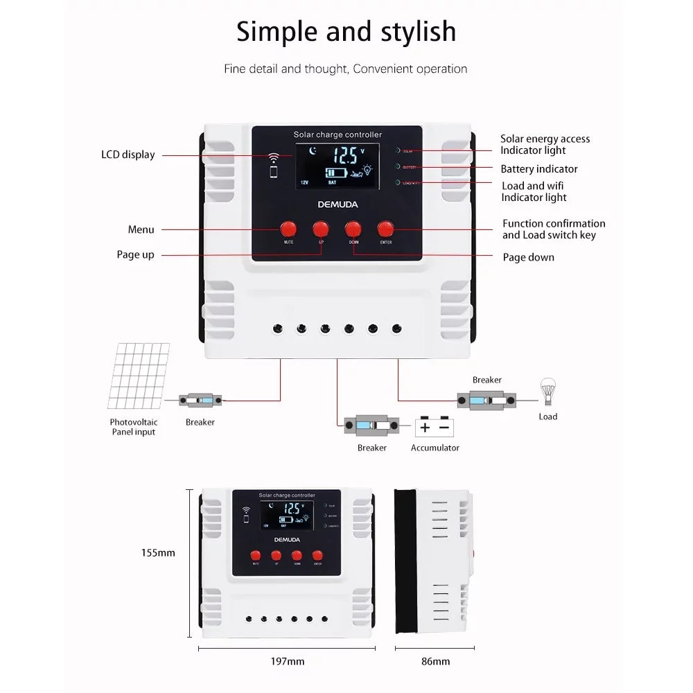 Lixada Intelligent Solar Charger Controller 12V/24V with Mobile App Real-time Data LED Display for Leadacid Ternary Iron Batteries PWM