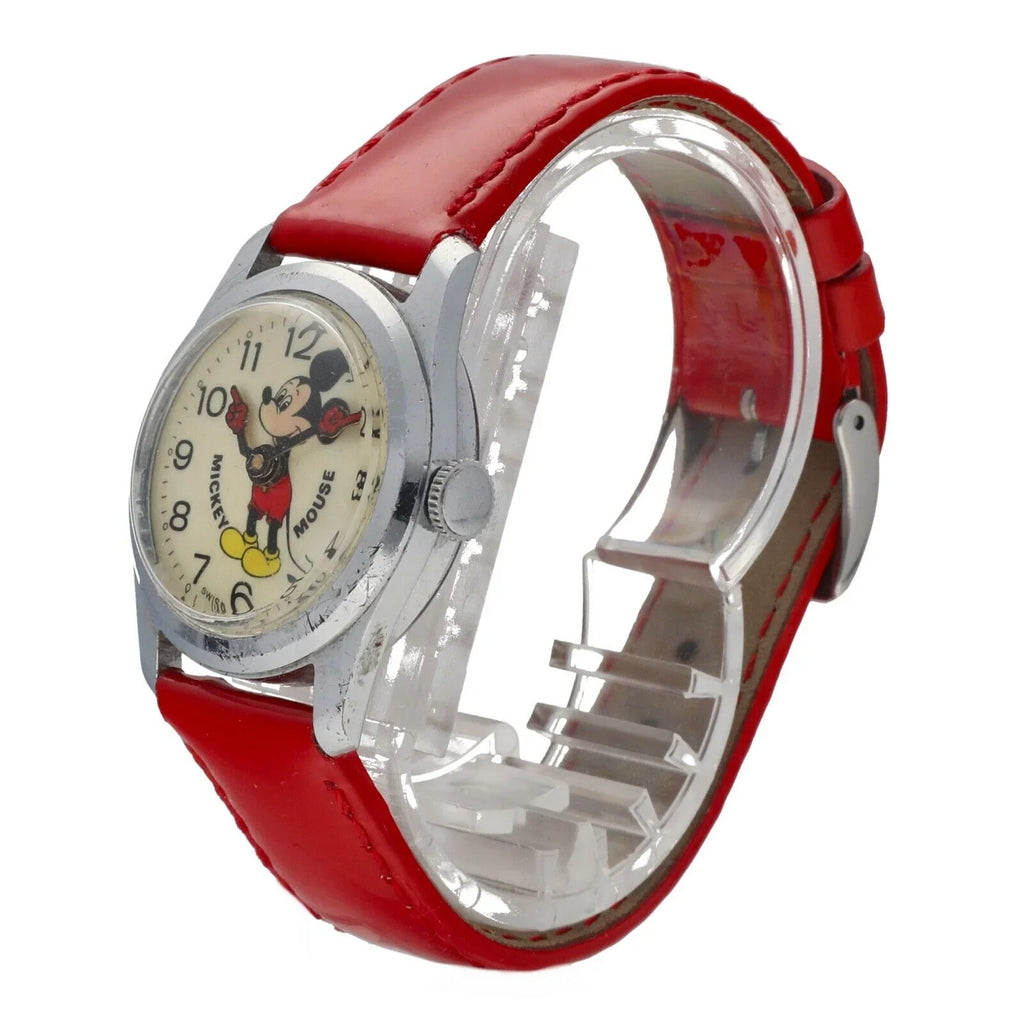 Vintage Mickey Mouse 29mm Base Metal Red Leather Swiss Manual Wind Women's Watch