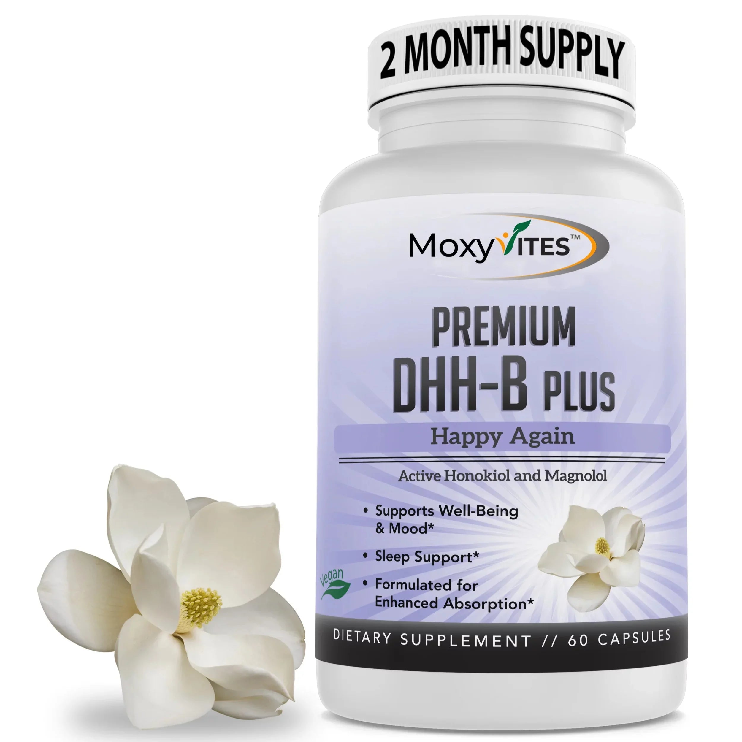 MoxyVites DHH-B Supplement, Dihydrohonokiol-B, for Calm Mood Sleep Anxiety, 60 Vegan Caps