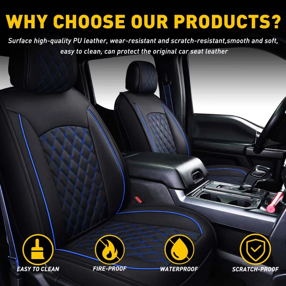 Car Seat Covers Full Set with Waterproof Leather Fit for 2009 to 2023  F150 and 2017 to 2023 F250 F350 F450,Double,Extended Cab or Pickup Truck(Full Set, Black-Blue)