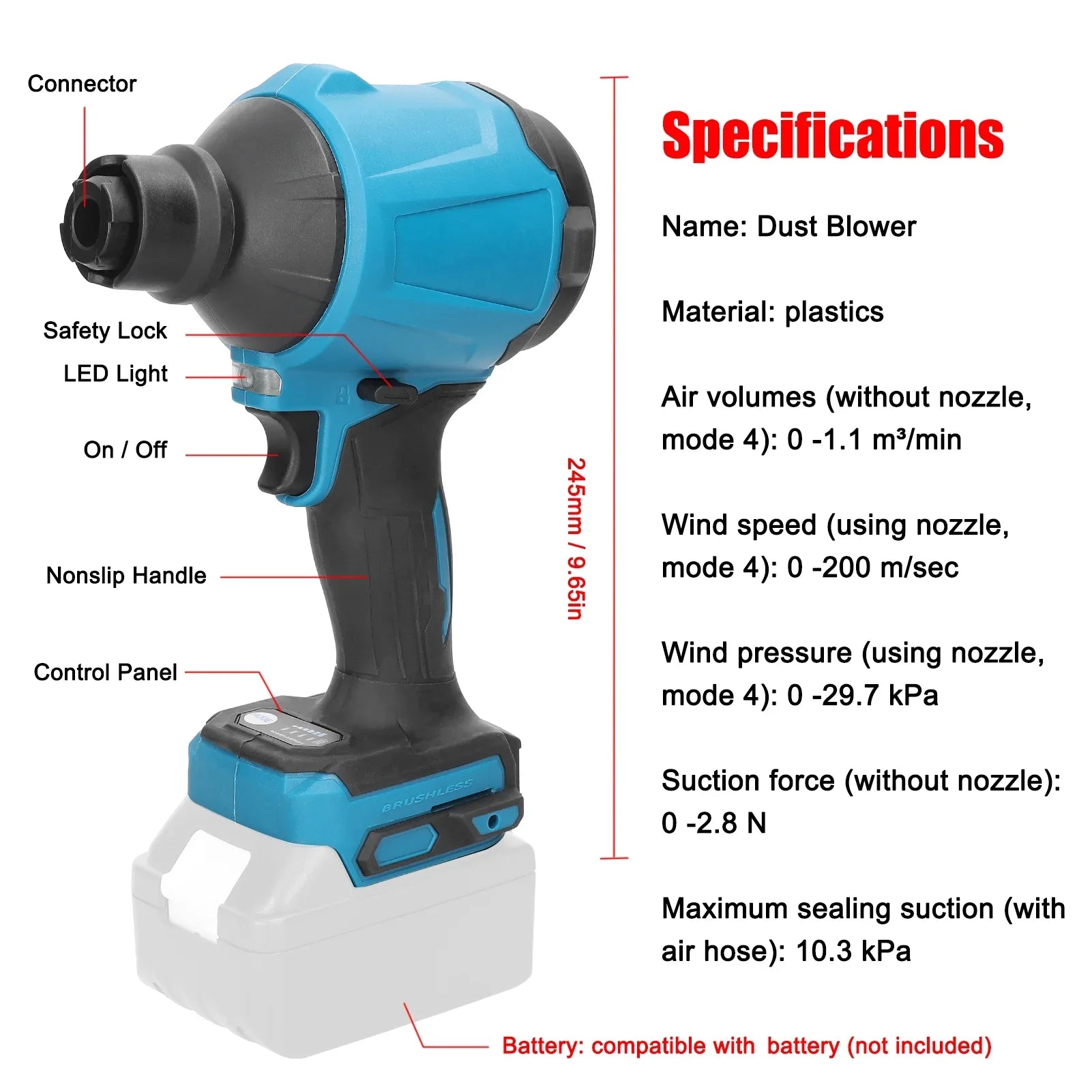 Electric Cordless Dust Blower, Rechargeable Air Dust Machine Stepless Speed Change, LED Working Light