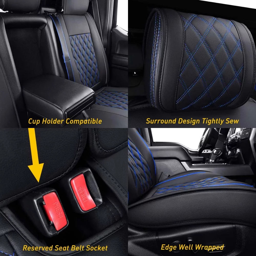 Car Seat Covers Full Set with Waterproof Leather Fit for 2009 to 2023  F150 and 2017 to 2023 F250 F350 F450,Double,Extended Cab or Pickup Truck(Full Set, Black-Blue)