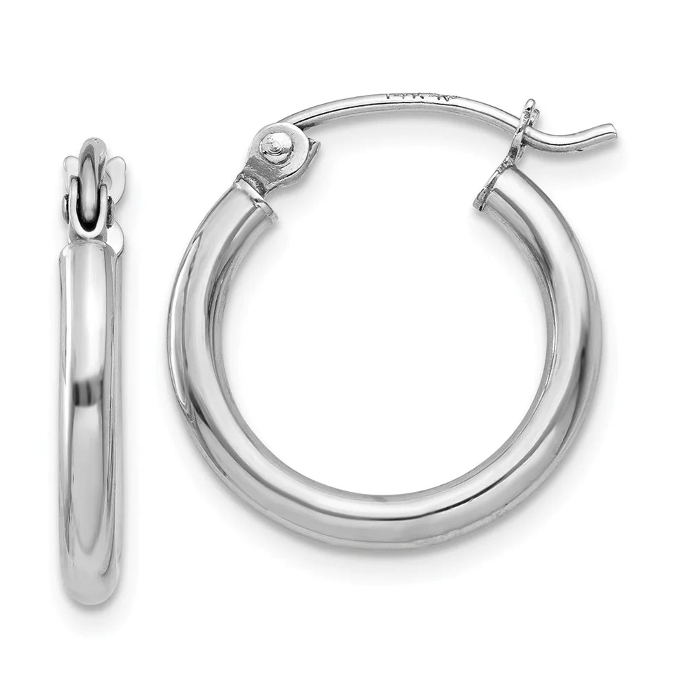 Real 14kt White Gold Polished 2mm Lightweight Tube Hoop Earrings; for Adults and Teens; for Women and Men