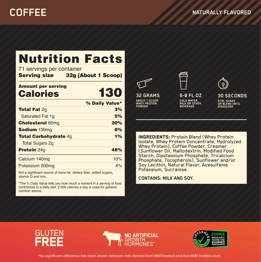 Optimum Nutrition, Gold Standard 100% Whey Protein Powder, Coffee, 5 lb, 71 Servings